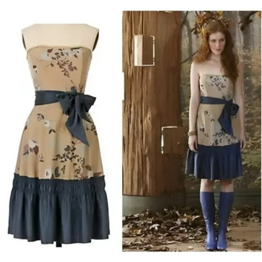 Anthropologie Khaki Beige Tan Blue Floral Fit Flare Ruffle Cotton Sun Dress M 6